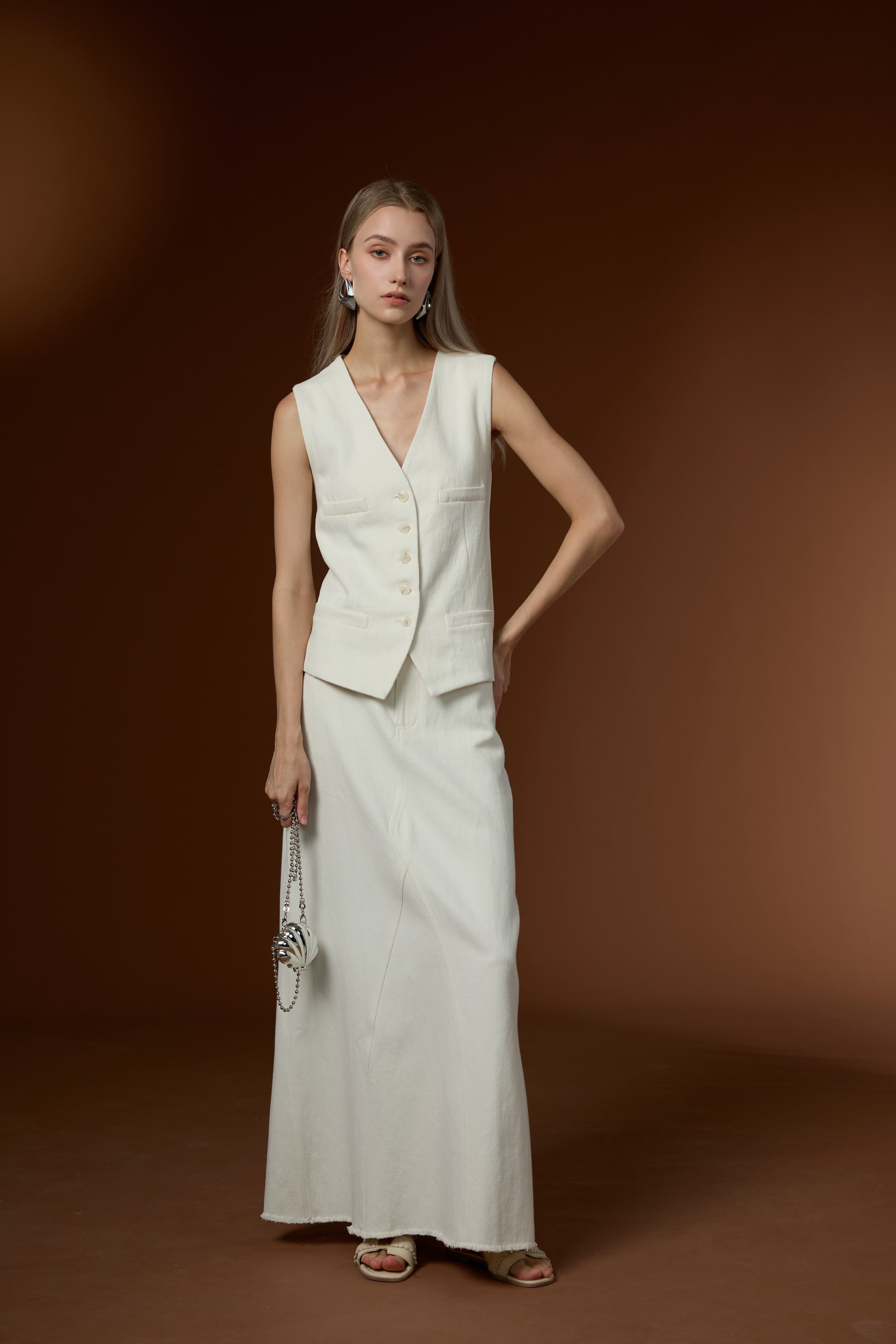 Soft Cotton Linen Simple Drape Commuting Vest & Half Skirt Set