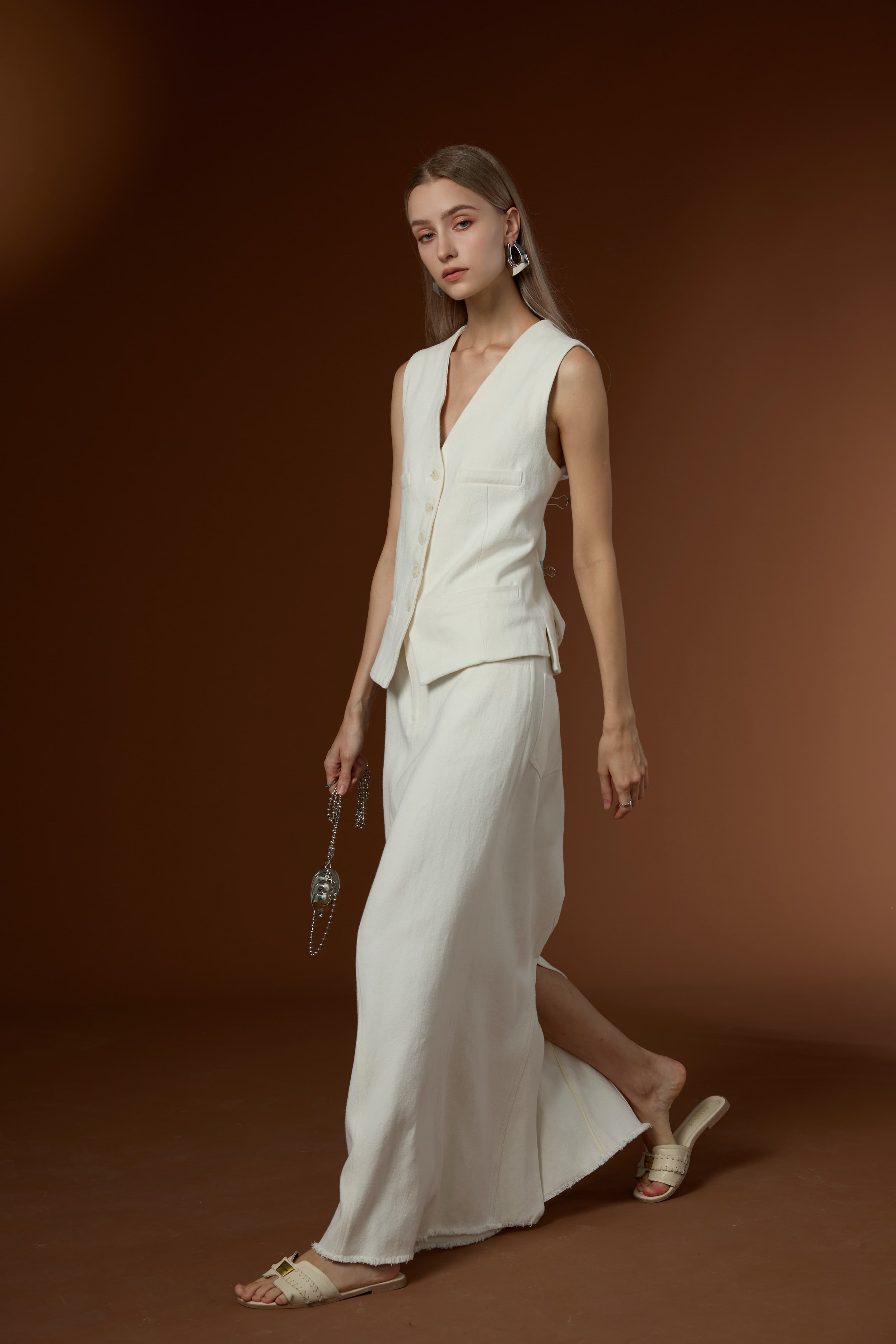Soft Cotton Linen Simple Drape Commuting Vest & Half Skirt Set
