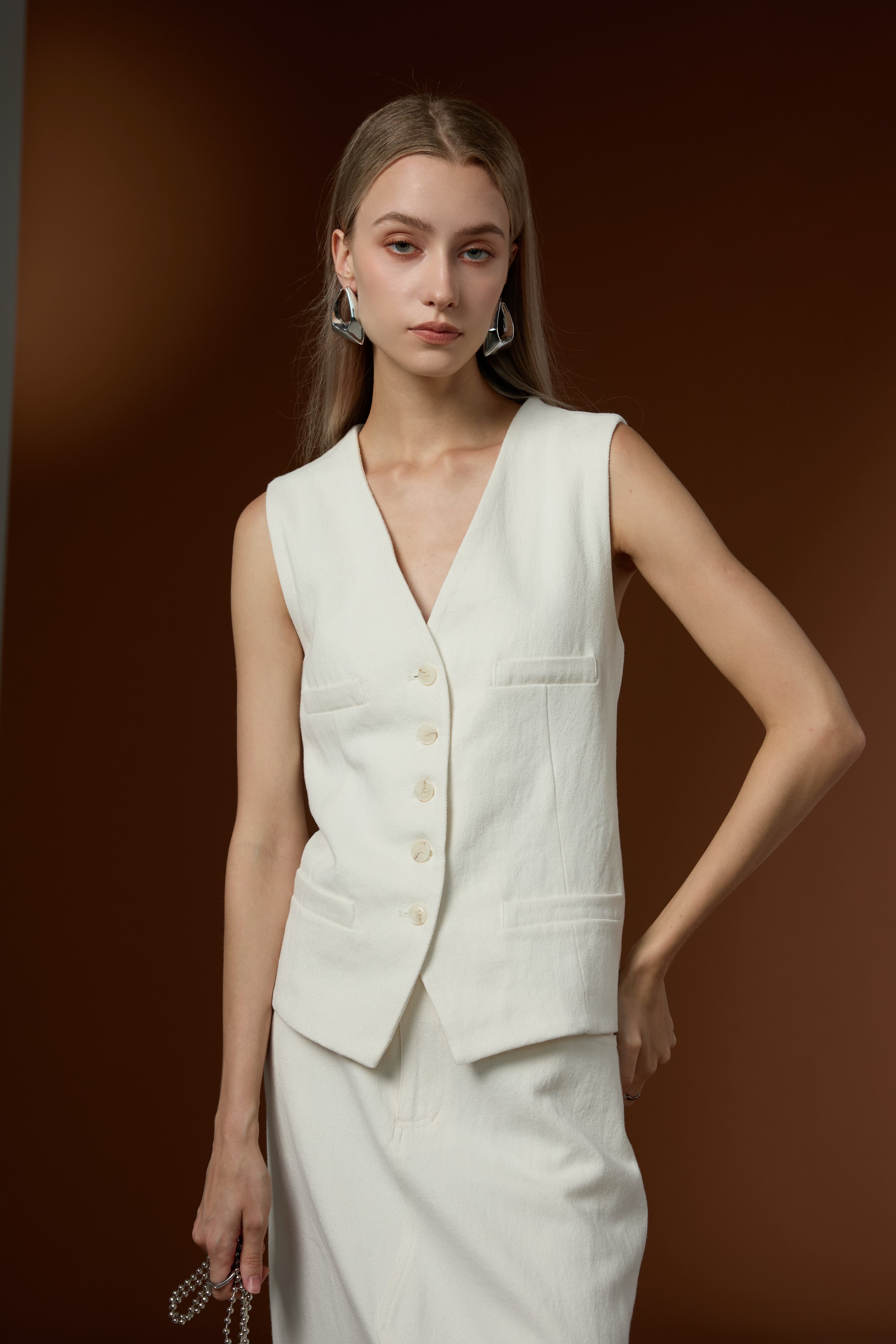 Soft Cotton Linen Simple Drape Commuting Vest & Half Skirt Set