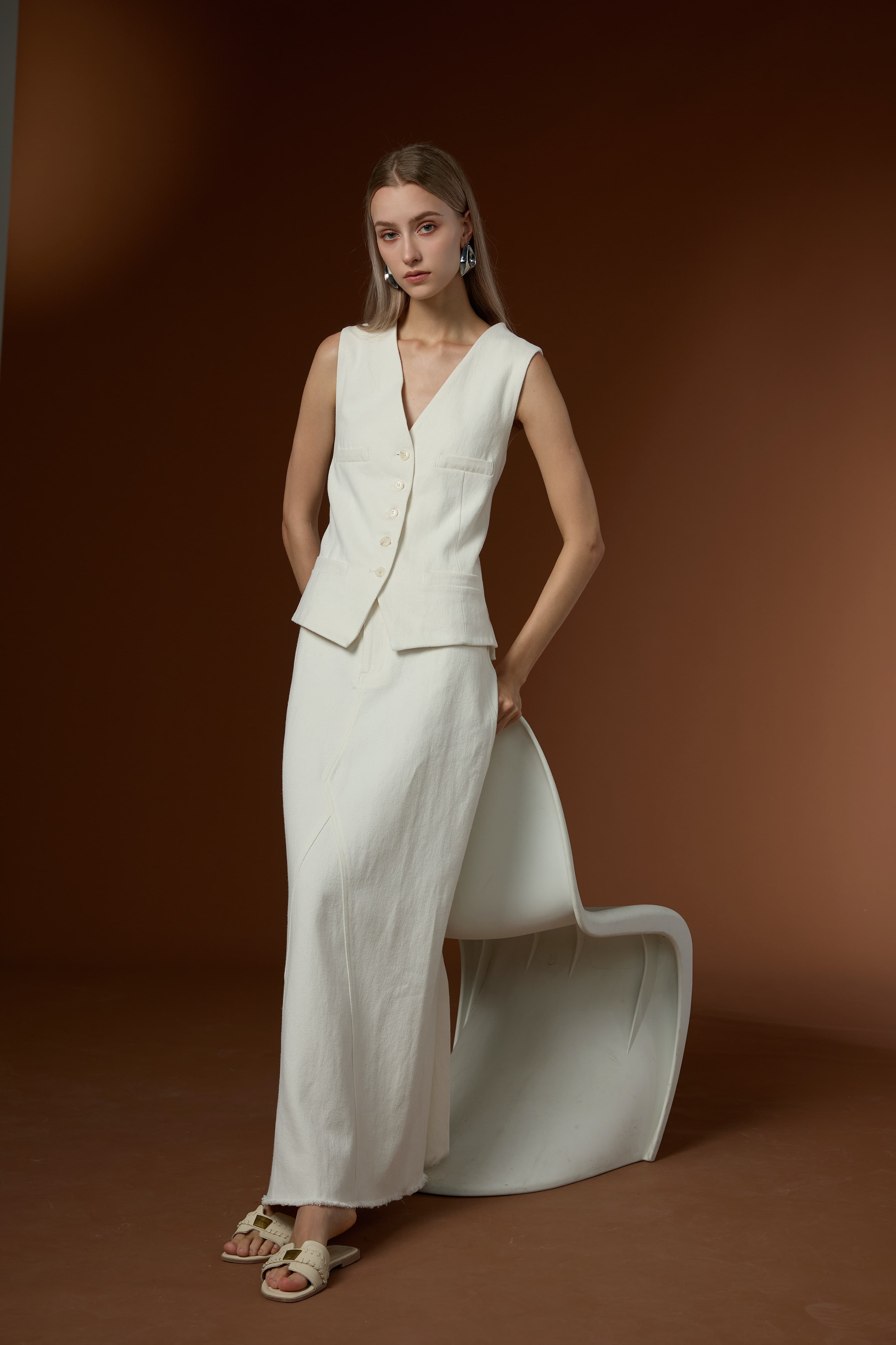 Soft Cotton Linen Simple Drape Commuting Vest & Half Skirt Set