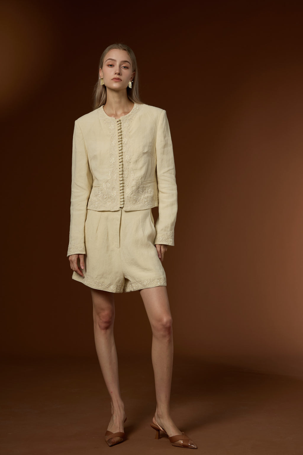 Mu Linen Fresh Short Linen Coat + High-waist Straight Shorts Set