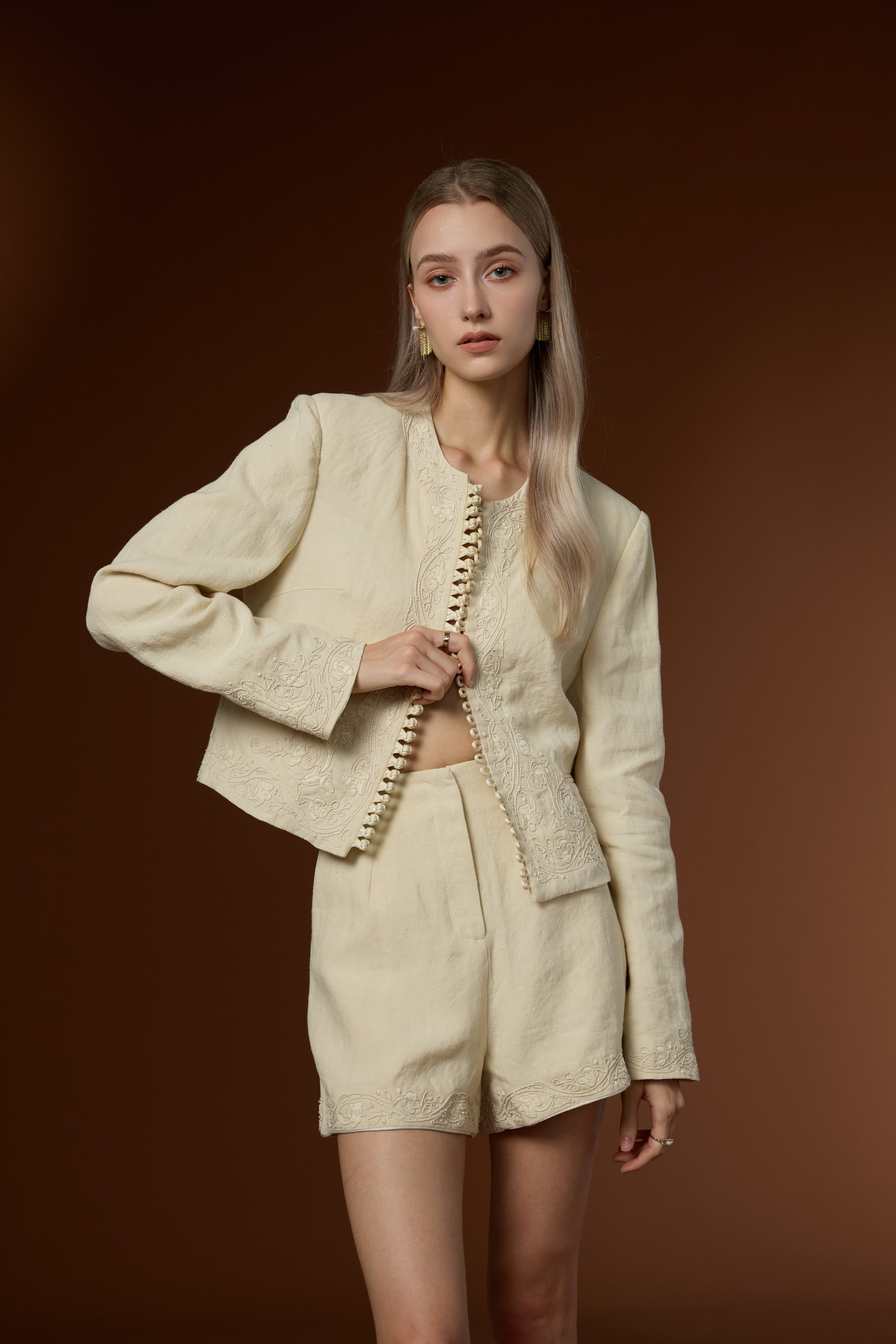Mu Linen Fresh Short Linen Coat + High-waist Straight Shorts Set
