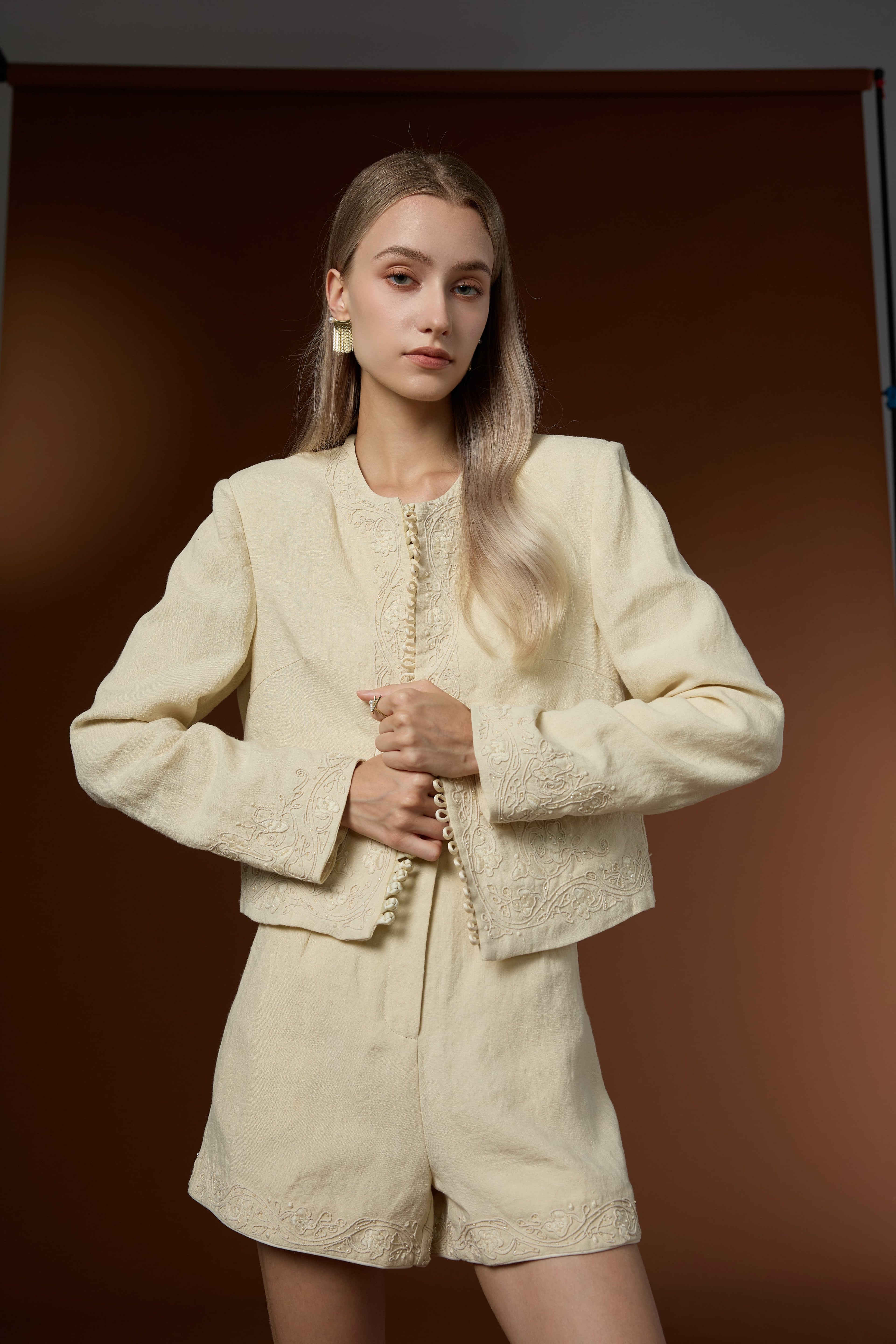 Mu Linen Fresh Short Linen Coat + High-waist Straight Shorts Set