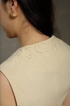 Minimalist Linen V-Neck Hand Beaded Sleeveless Vest & Wide-Leg Pants Set
