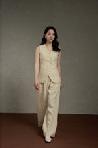 Minimalist Linen V-Neck Hand Beaded Sleeveless Vest & Wide-Leg Pants Set