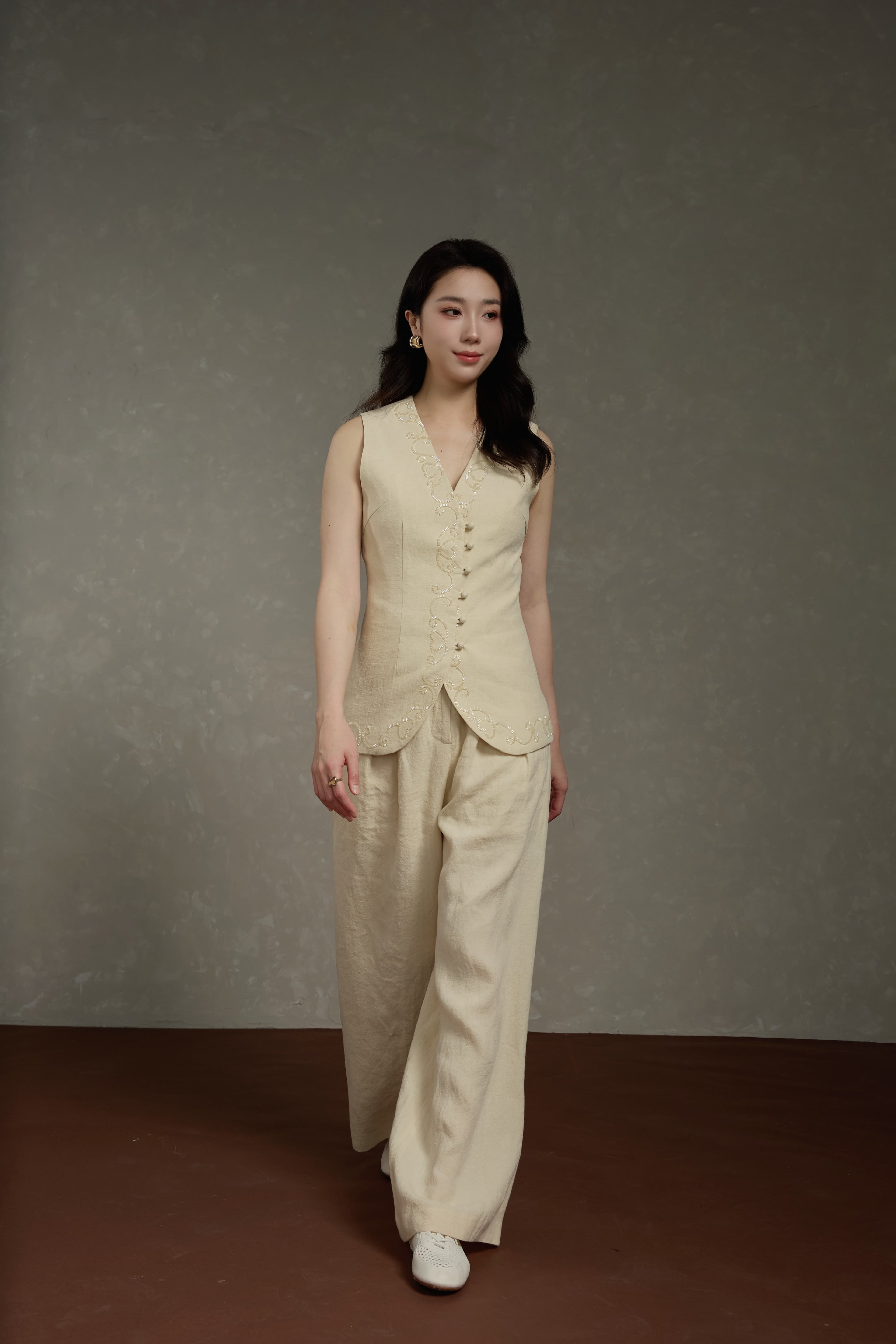 Minimalist Linen V-Neck Hand Beaded Sleeveless Vest & Wide-Leg Pants Set