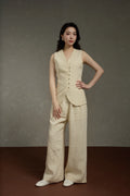 Minimalist Linen V-Neck Hand Beaded Sleeveless Vest & Wide-Leg Pants Set