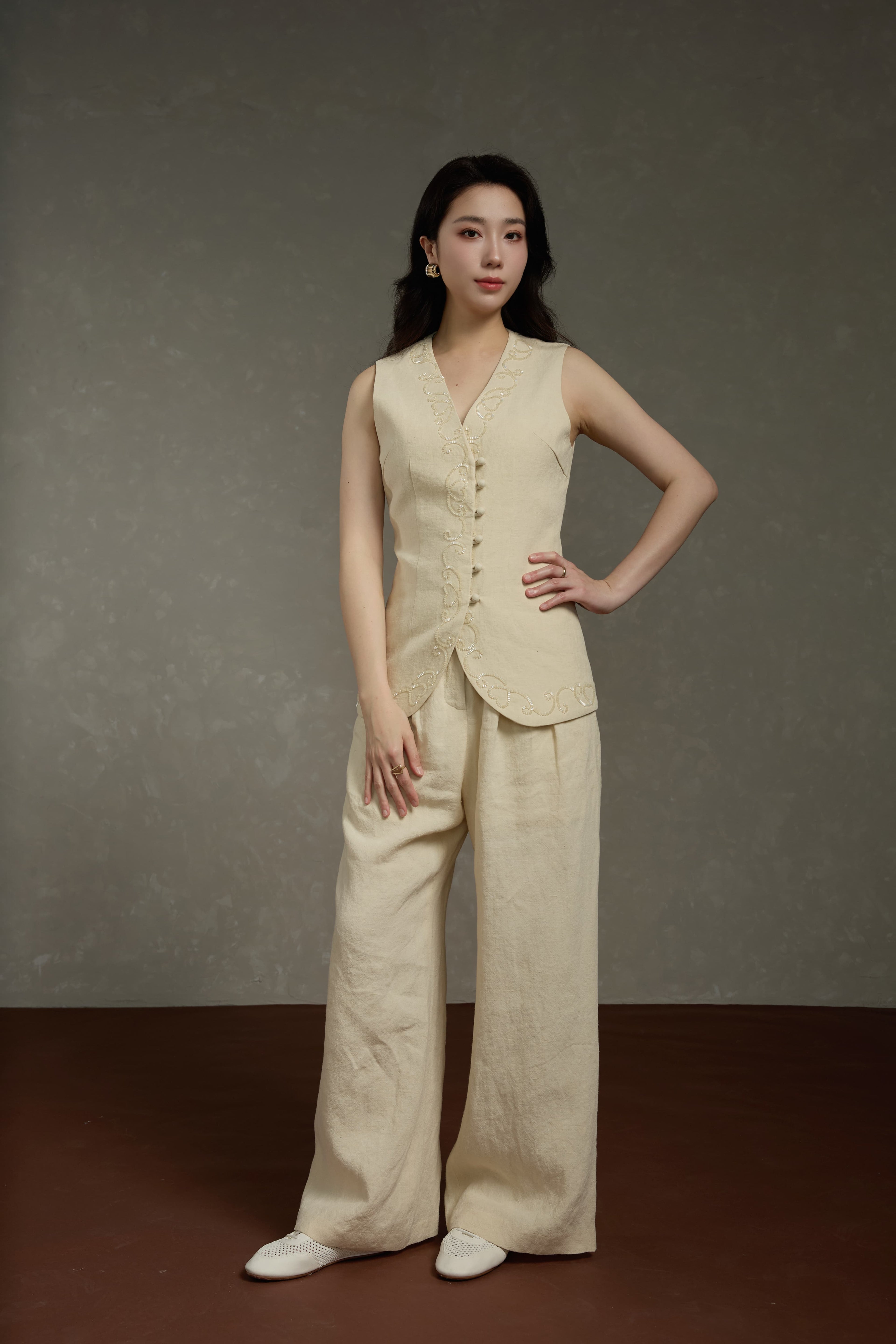 Minimalist Linen V-Neck Hand Beaded Sleeveless Vest & Wide-Leg Pants Set