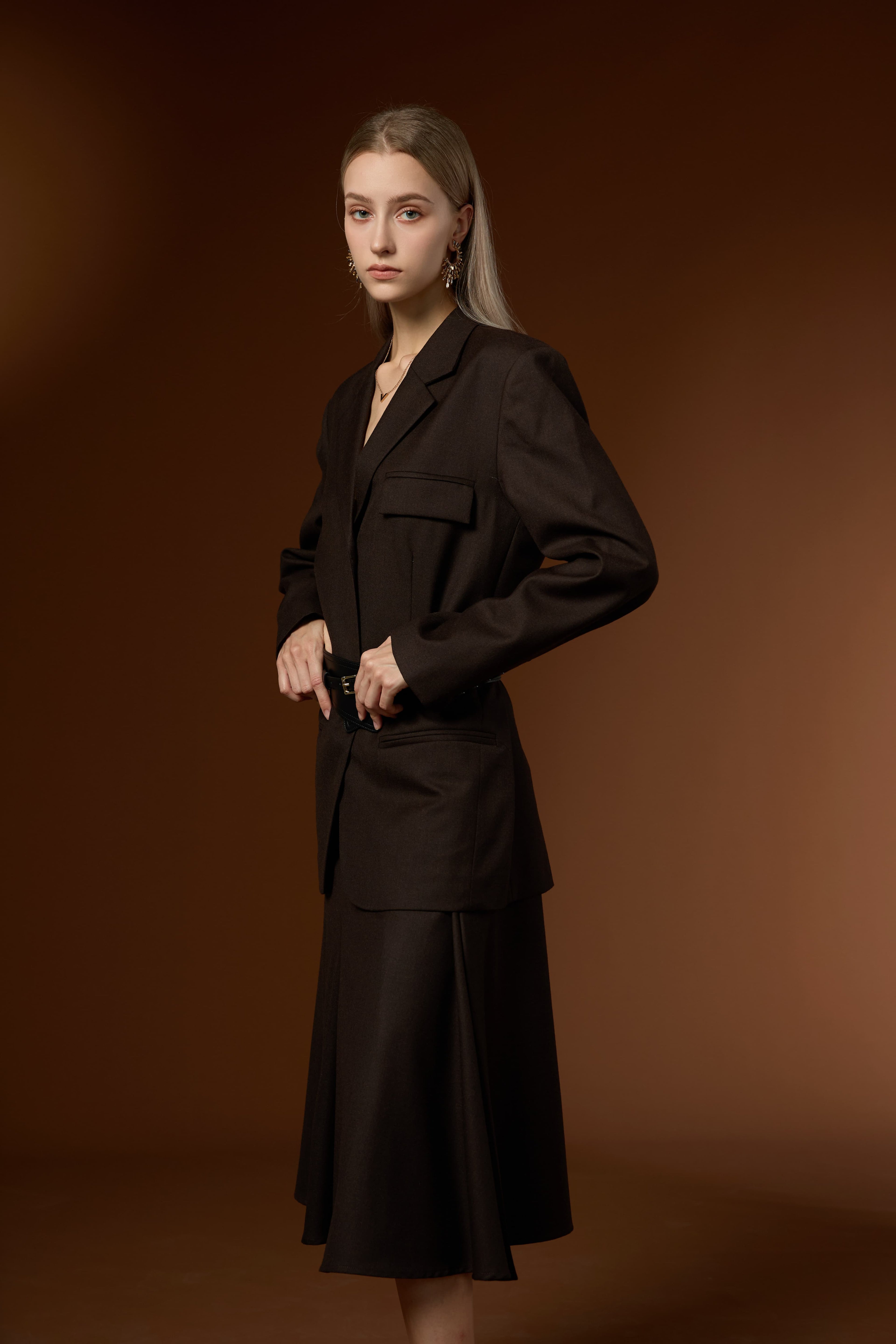 Lan Luxury Lapel Blazer + Textured Worsted Wool Half Skirt